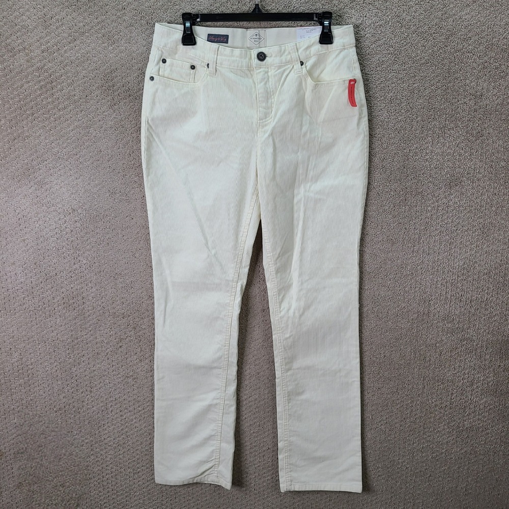 St Johns Bay Pants Womens 10 Ivory Corduroy Straight Leg Cotton Stretch NEW
